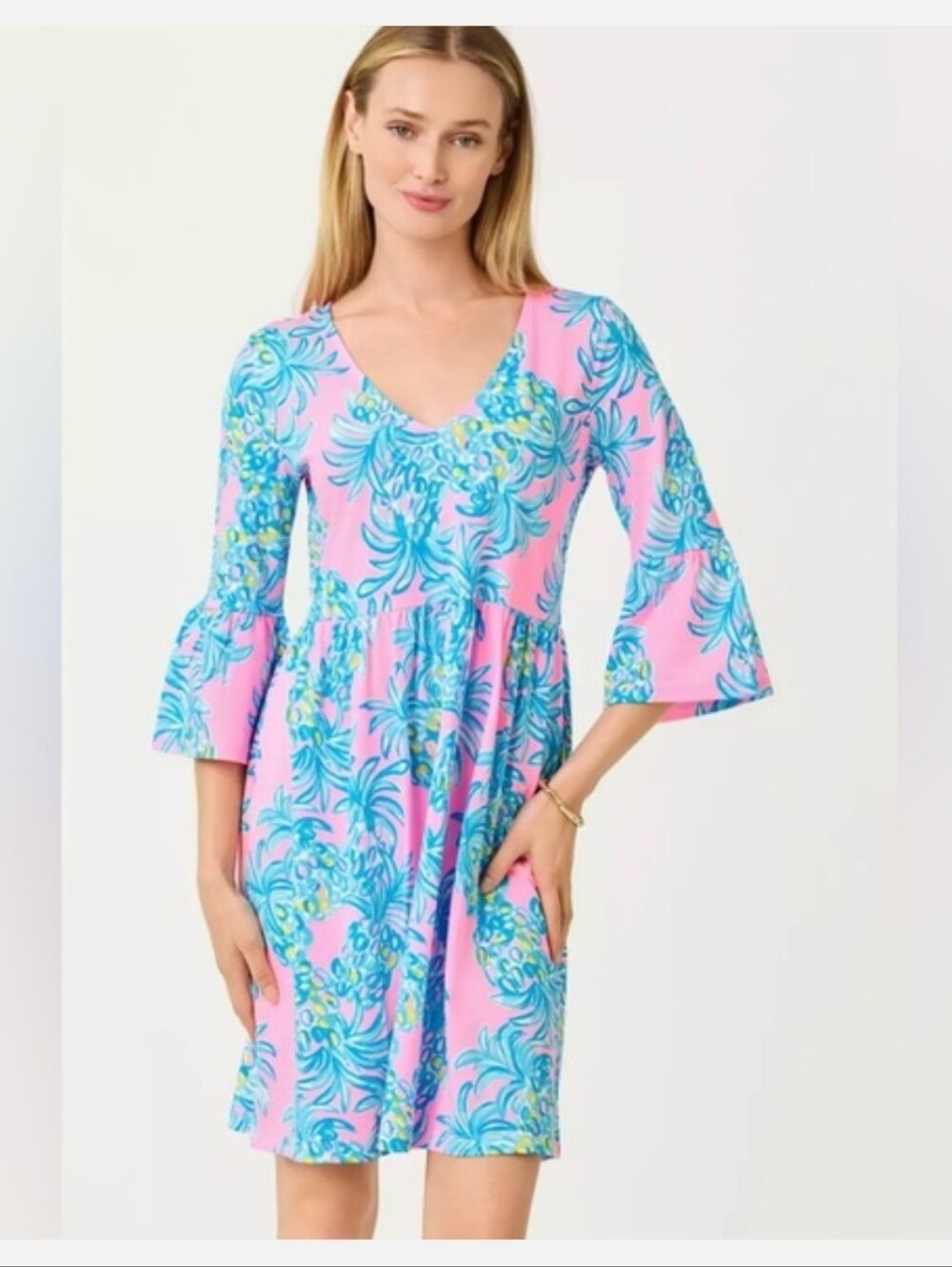 Nwt XL Pink & Blue Floral V-Neck Women's Dress